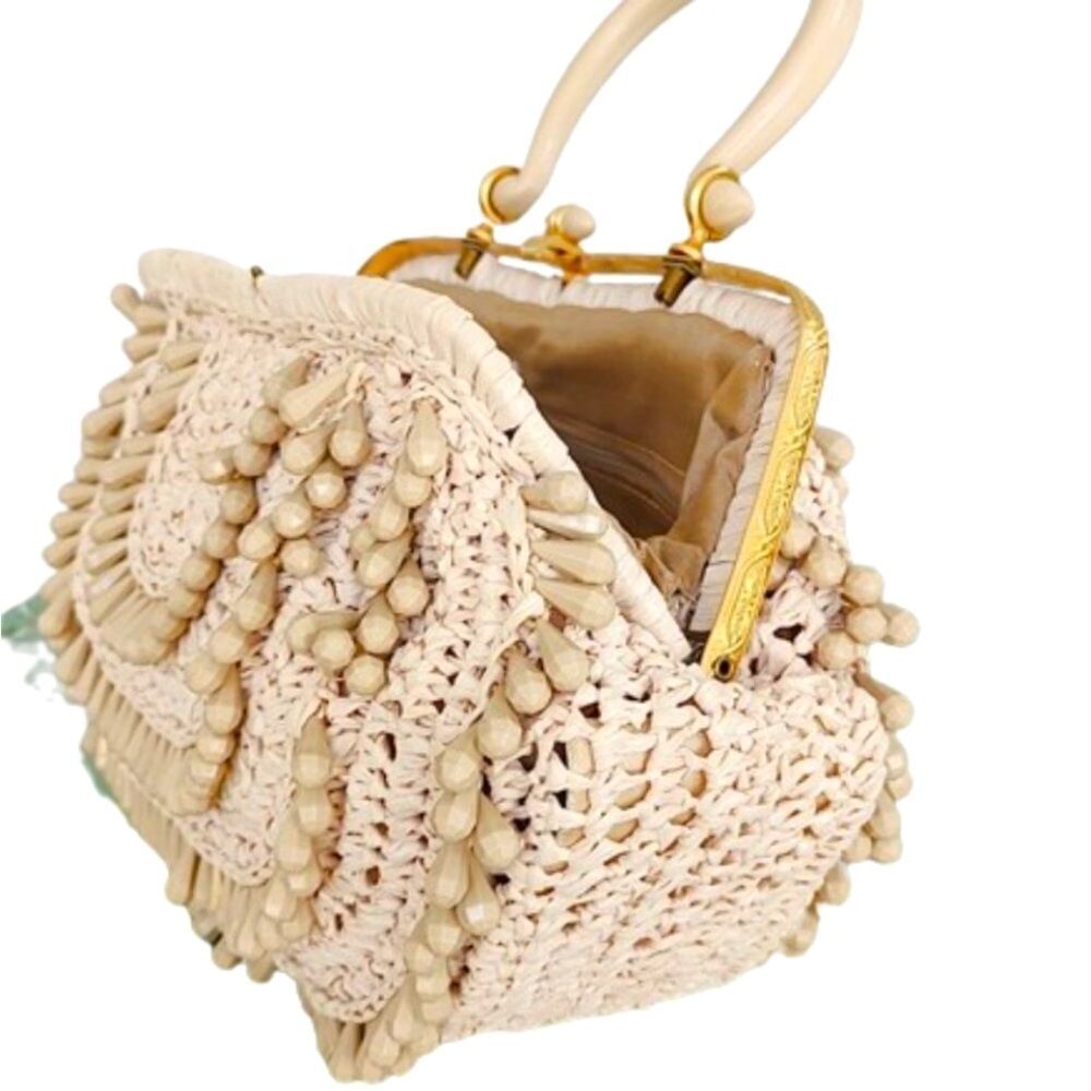 ♥️ Vintage 1960s Tan Straw Beaded Box Shaped Handbag Purse With Top Handle Italy - Picture 7 of 9